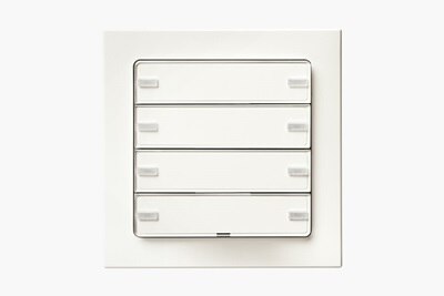 Vista frontale del sensore a pulsante Berker Q.3 KNX a 4 vie con LED di funzionamento e cornice di colore bianco su sfondo neutro