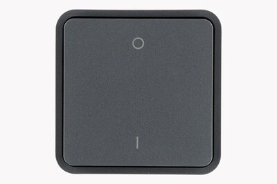 Vista frontale dell'interruttore Berker W.1 KNX con bilanciere in antracite con simboli per la posizione on e off su sfondo neutro