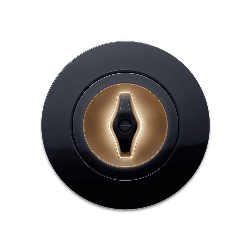 Vista frontale dell'interruttore della luce retrò Berker Serie 1930 con manopola illuminata bianco caldo - spia di stato - e cornice di copertura in nero