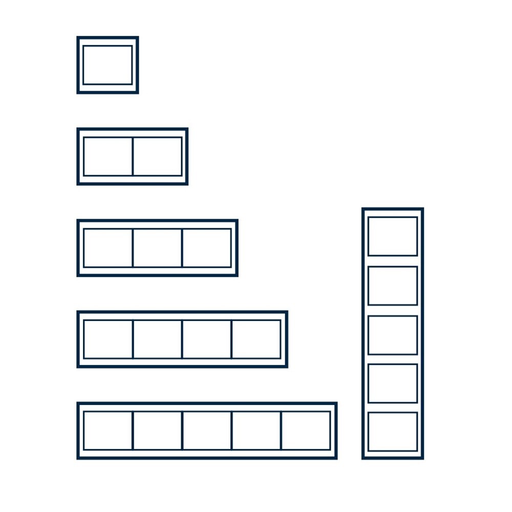 Schema delle dimensioni dei telai della gamma di interruttori Berker K.1 da uno fino a cinque moduli con installazione orizzontale o verticale