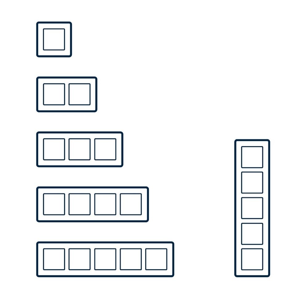 Schema delle dimensioni dei telai della gamma di interruttori Berker Q.7 da uno fino a cinque moduli con installazione orizzontale o verticale