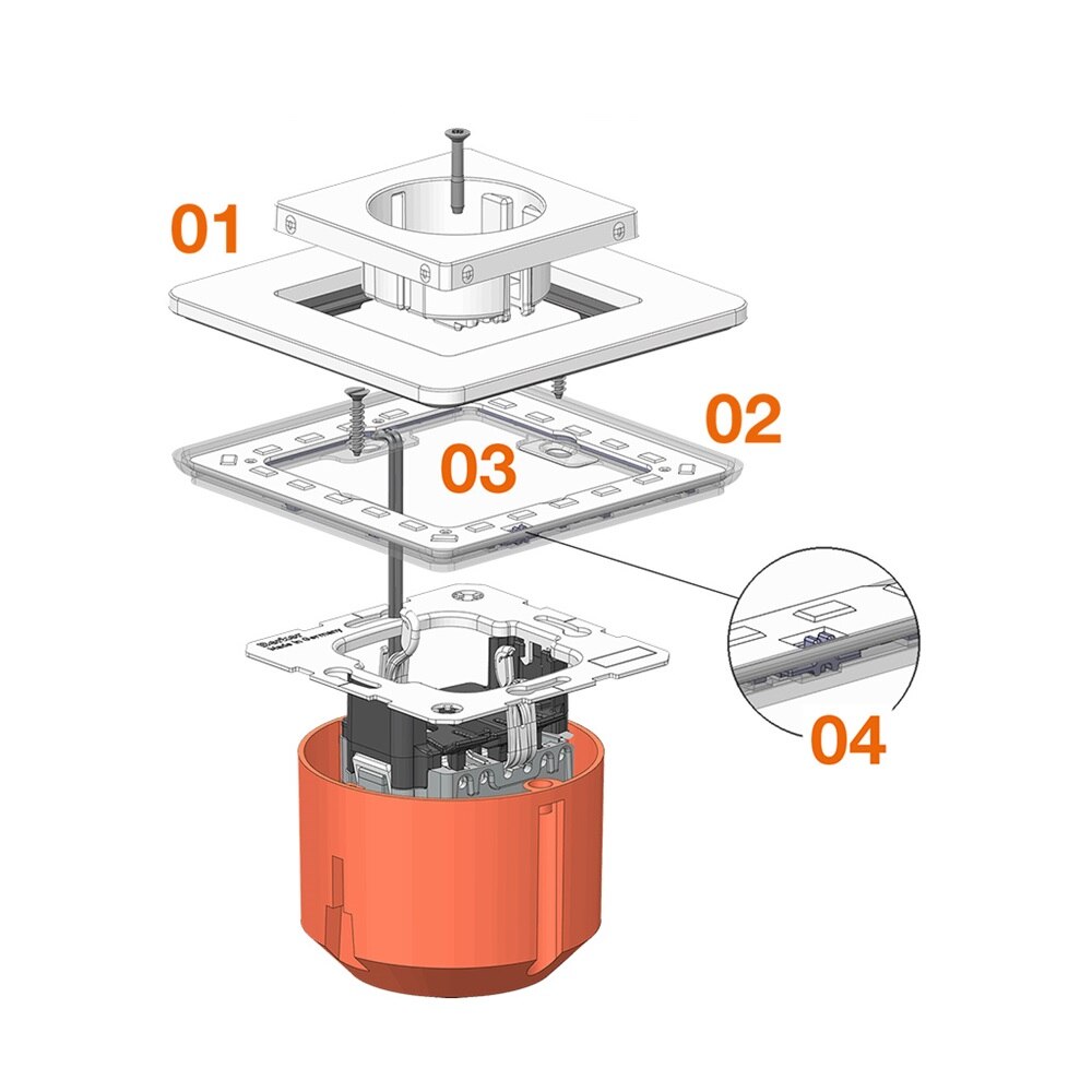 Esploso in 3D dell’interruttore e degli elementi di cui è composto: cornice (1), modulo LED (2), collegamento al modulo LED (3) e interruttore a scorrimento (4) per la regolazione della luminosità