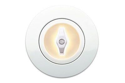 Vista frontale dell'interruttore della luce retrò Berker Serie 1930 con interruttore rotativo bianco illuminato con luce bianca calda (spia di stato) e piastra di copertura bianca