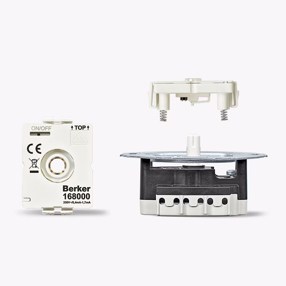  Assonometria e vista degli elementi del modulo LED degli interruttori Berker 