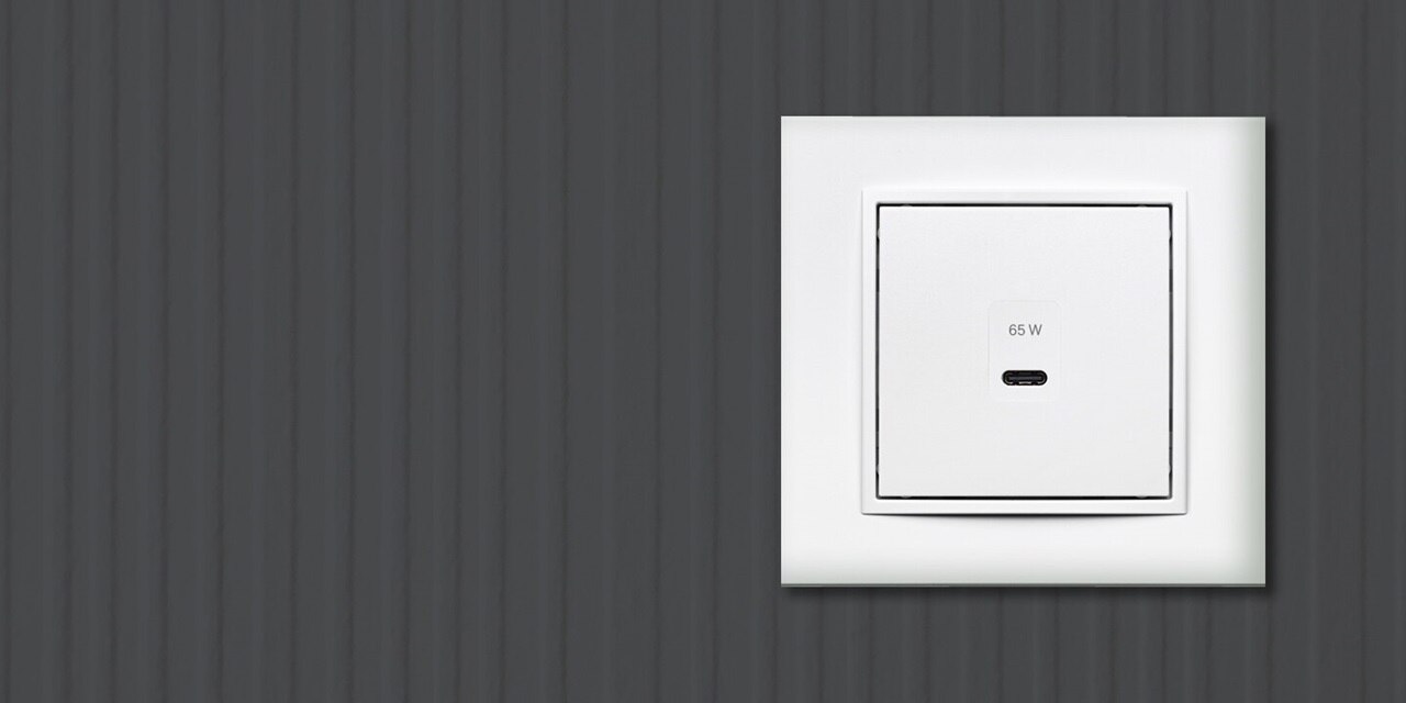 Vista frontale della presa di ricarica USB Berker B.7 da 65 watt con una porta di ricarica USB-C e una cornice bianca su sfondo grigio verde a righe