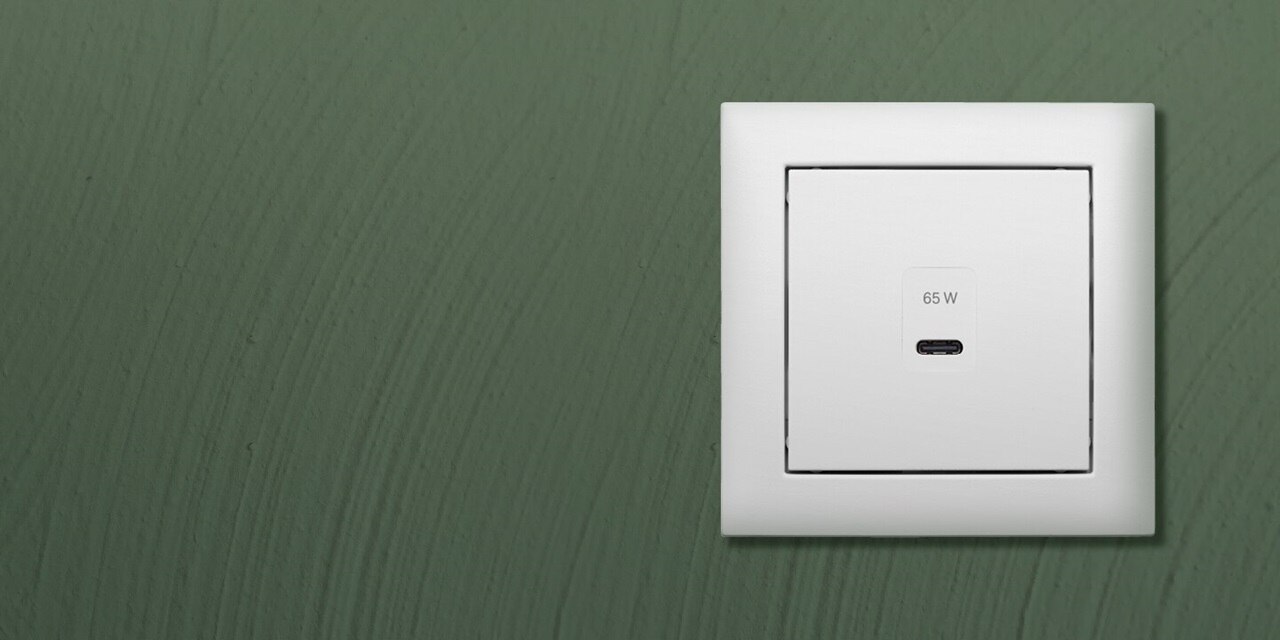Vista frontale della presa di ricarica USB Berker S.1 da 65 watt con una porta di ricarica USB-C e una cornice bianca su sfondo verde