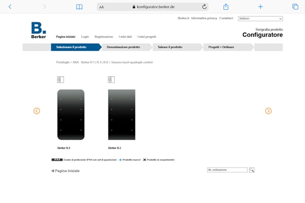 Immagine videata del configuratore Berker TS Sensor nel momento della selezione del prodotto