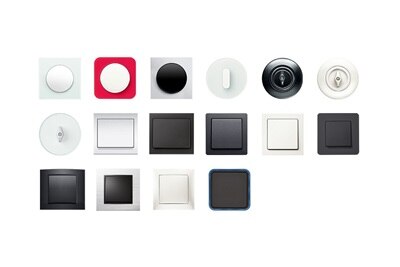 Composizione frontale di diverse tipologie di interruttori delle serie design Berker su sfondo bianco