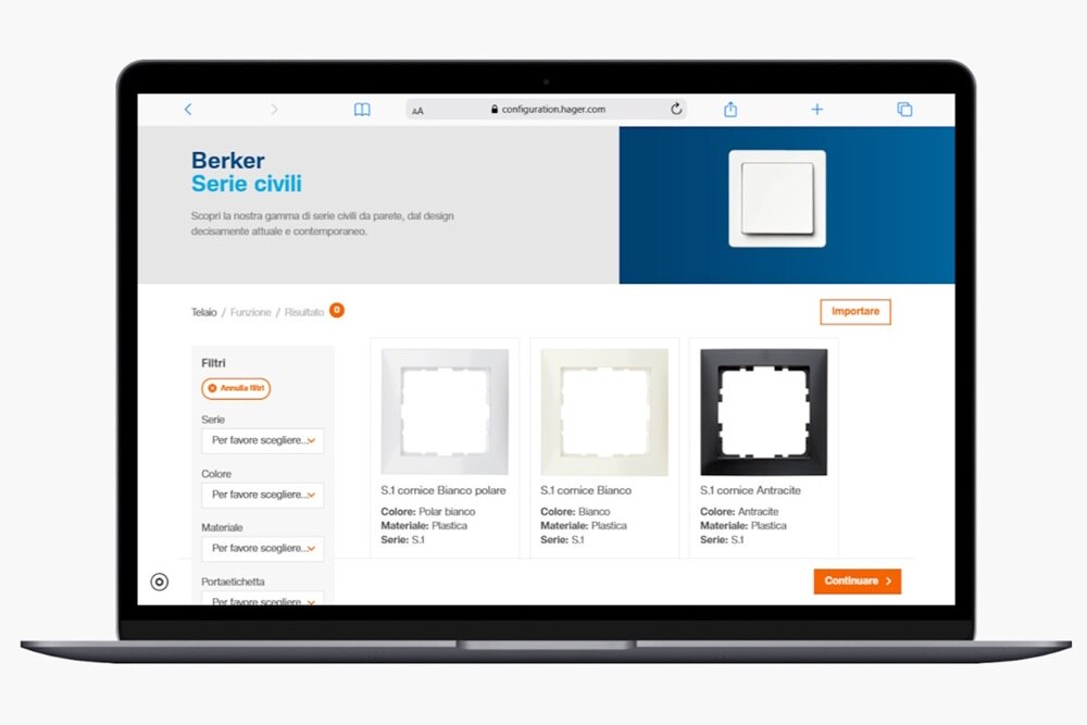 Immagine di un computer portatile con la videata principale del configuratore Berker