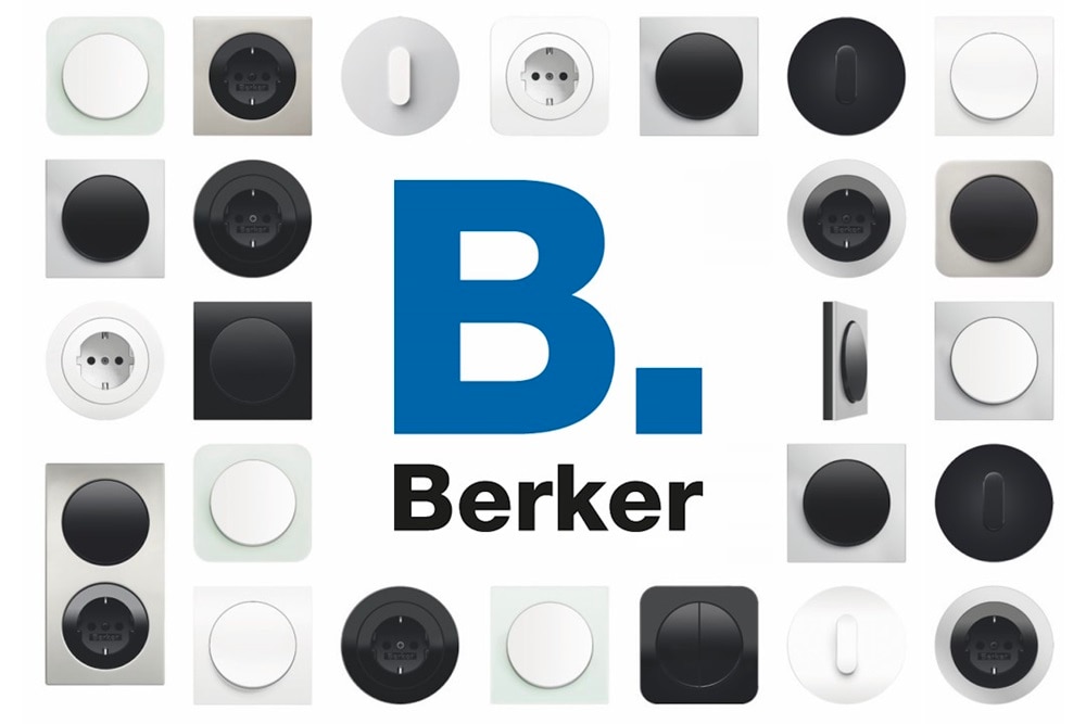 Immagine con miscellanea di tutti gli interruttori e prese Berker con logo Berker al centro