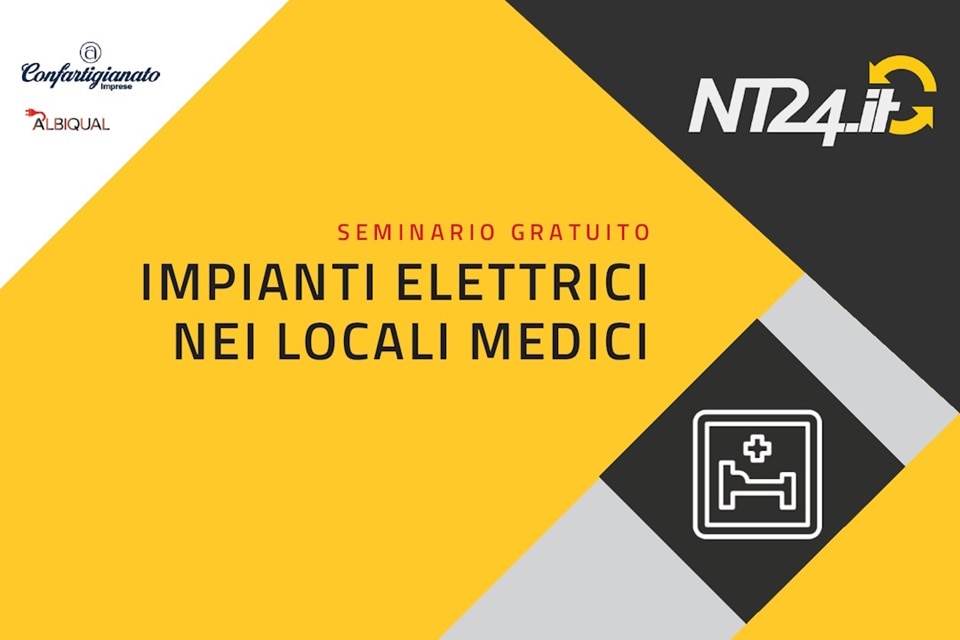Locandina del seminario gratuito NT24 in collaborazione con Hager Bocchiotti con testo su sfondo giallo e icona di un letto ospedaliero