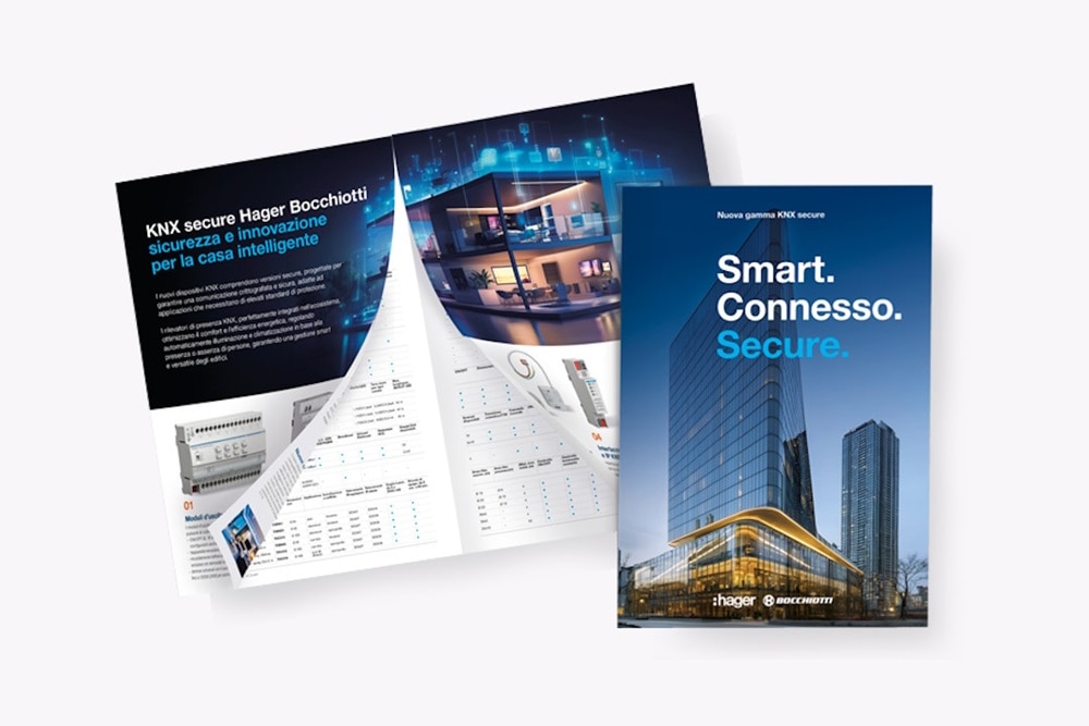 Immagine della copertina e pagina interna della brochure informativa della gamma di disposivi KNX su sfondo neutro grigio