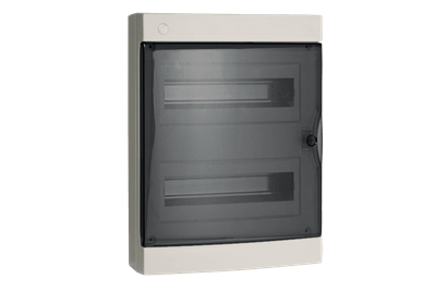 Centralino Pablo IP40 Design Bocchiotti con portella fumè su sfondo neutro