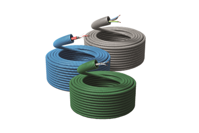 Render 3D di tre matasse di tubi corrugati preinfilati di colore grigio, azzurro e verde