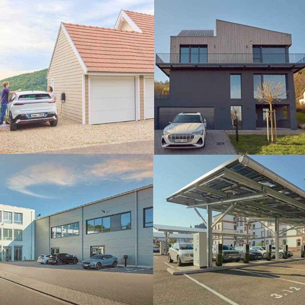 Quattro immagini affiancate mostrano diverse soluzioni di ricarica per veicoli elettrici: due case unifamiliari con auto parcheggiate fuori o in garage, un parcheggio aziendale e un parcheggio con tettoia fotovoltaica e colonnine di ricarica.