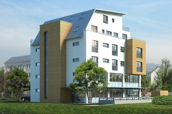 Render 3D di un condominio immerso nel verde