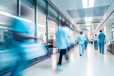 Ambiente ospedaliero con personale in camice intento a camminare