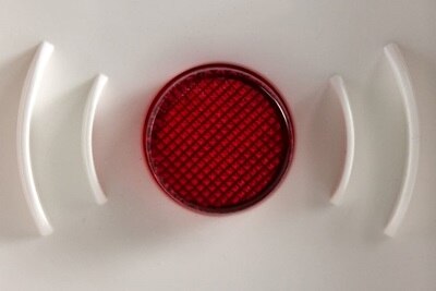 Dettaglio del pulsante rosso illuminabile del centralino di emergenza Pablo IP55 CE PULS R con le caratteristiche onde stampate in rilievo.