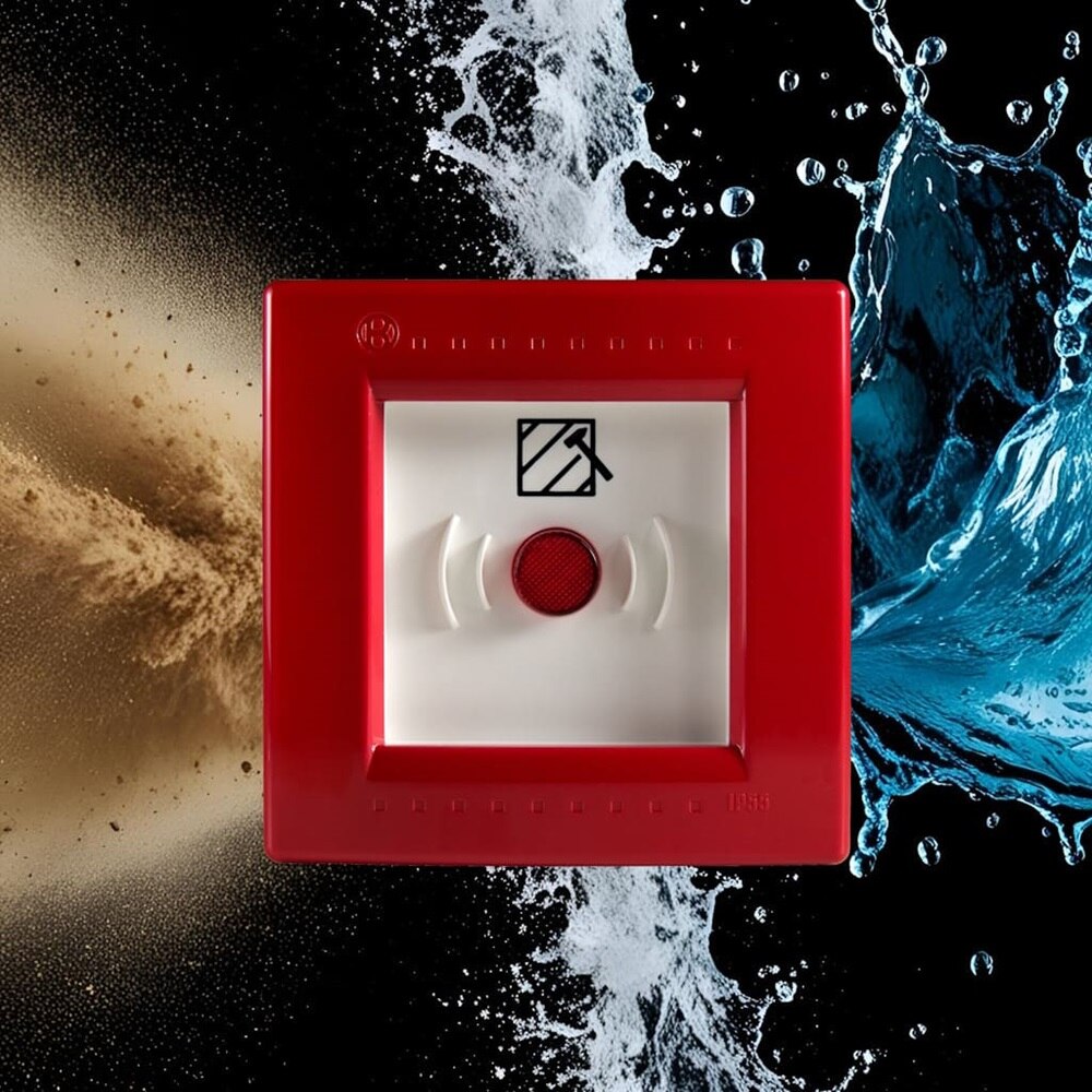 Immagine generata con l’AI in cui acqua e polvere convergono su sfondo nero. In primo piano il centralino Pablo Emergenza con pulsante illuminabile.