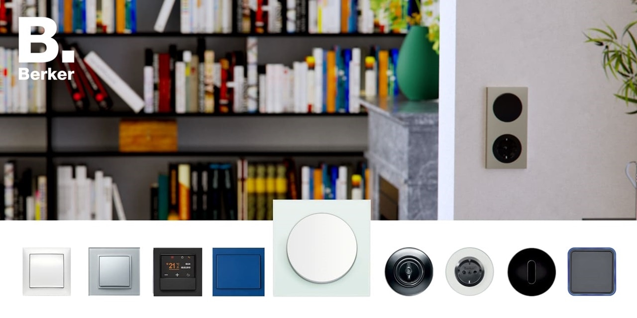 Esempio di installazione su parete del soggiorno di interruttori neri Berker R.3 in cornice a due moduli argentata. Nella parte inferiore sono mostrati diversi modelli e finiture di interruttori e placche Berker.