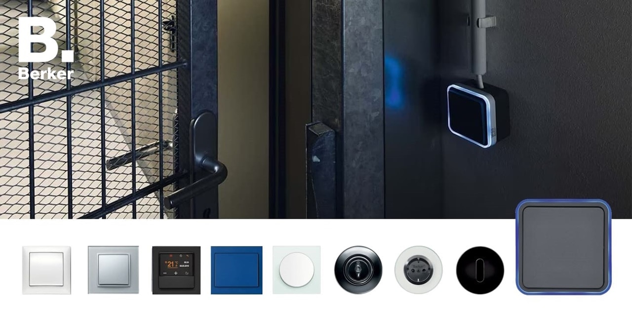Esempio di installazione a parete di un ambiente esterno di interruttore Berker W.1 con cornice con led blu. Nella parte inferiore sono mostrati diversi modelli e finiture di interruttori e placche Berker.