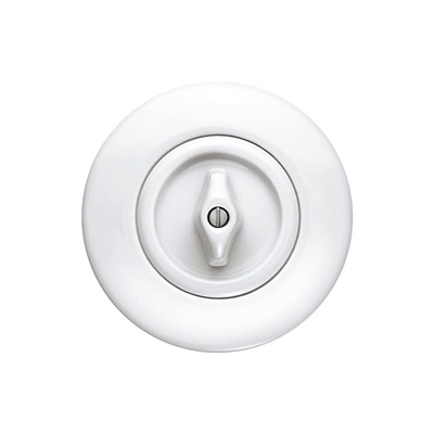 Vista frontale dell'interruttore della luce Berker Serie 1930 con interruttore rotativo e piastra di copertura rotonda in porcellana bianca