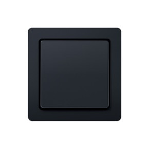 Vista frontale dell'interruttore della luce della serie di design Berker Q.1 con bilanciere a 1 via e cornice con angoli arrotondati in nero su sfondo bianco