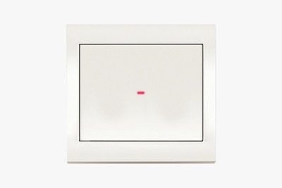 Vista frontale dell'interruttore della luce Berker K.1 con bilanciere a 1 via, incluso LED di funzionamento e cornice quadrata in bianco su sfondo neutro