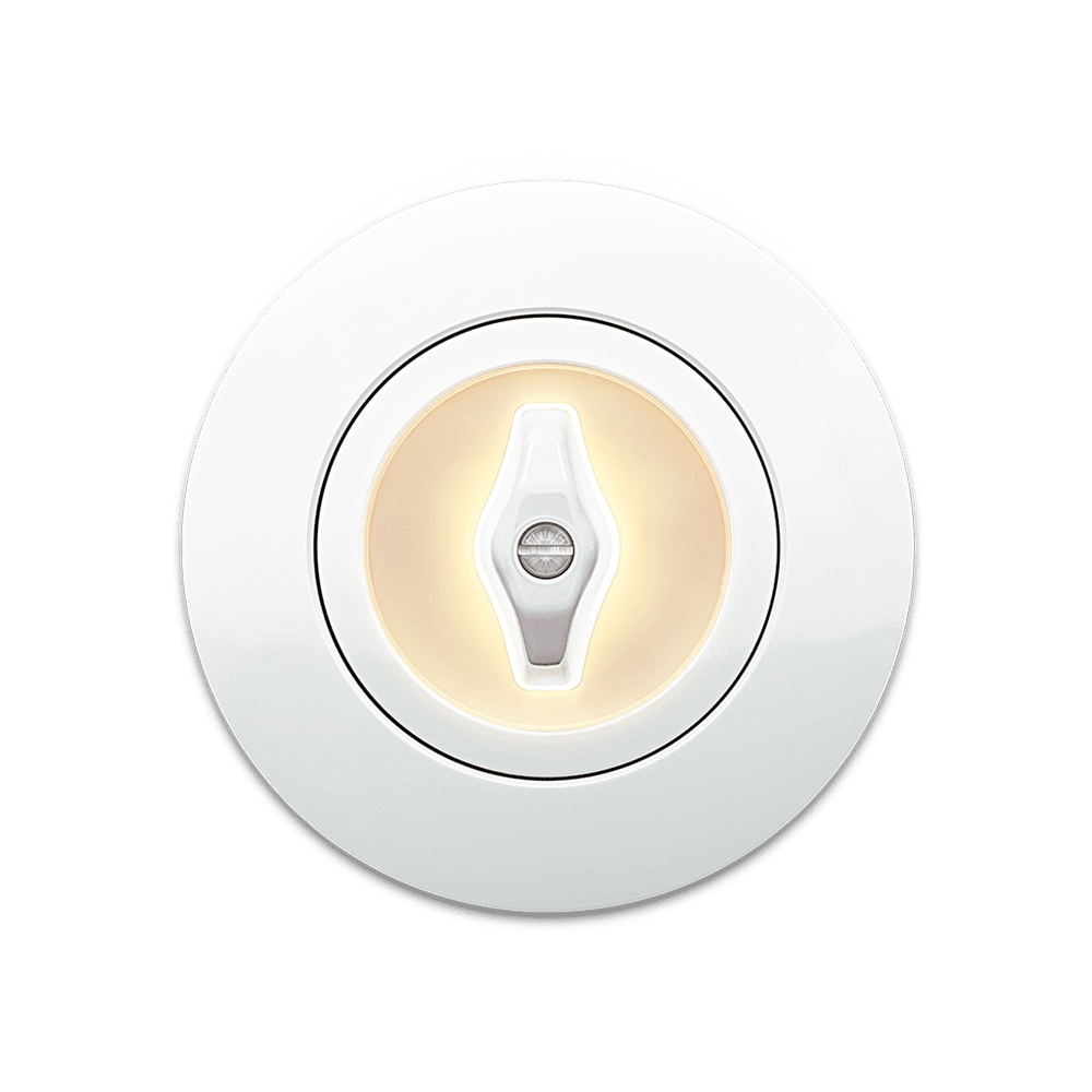 Vista frontale dell'interruttore della luce retrò Berker Serie 1930 con interruttore rotativo illuminato bianco caldo (spia di stato) e cornice in porcellana bianca