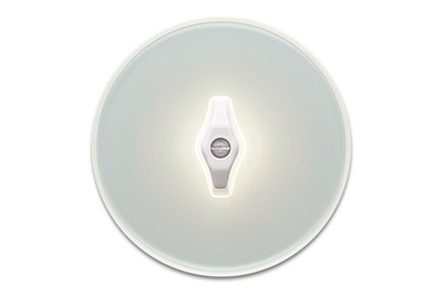 Vista frontale dell'interruttore della luce Berker con manopola illuminata, serie 1930, e cornice di copertura in vetro, serie Glas