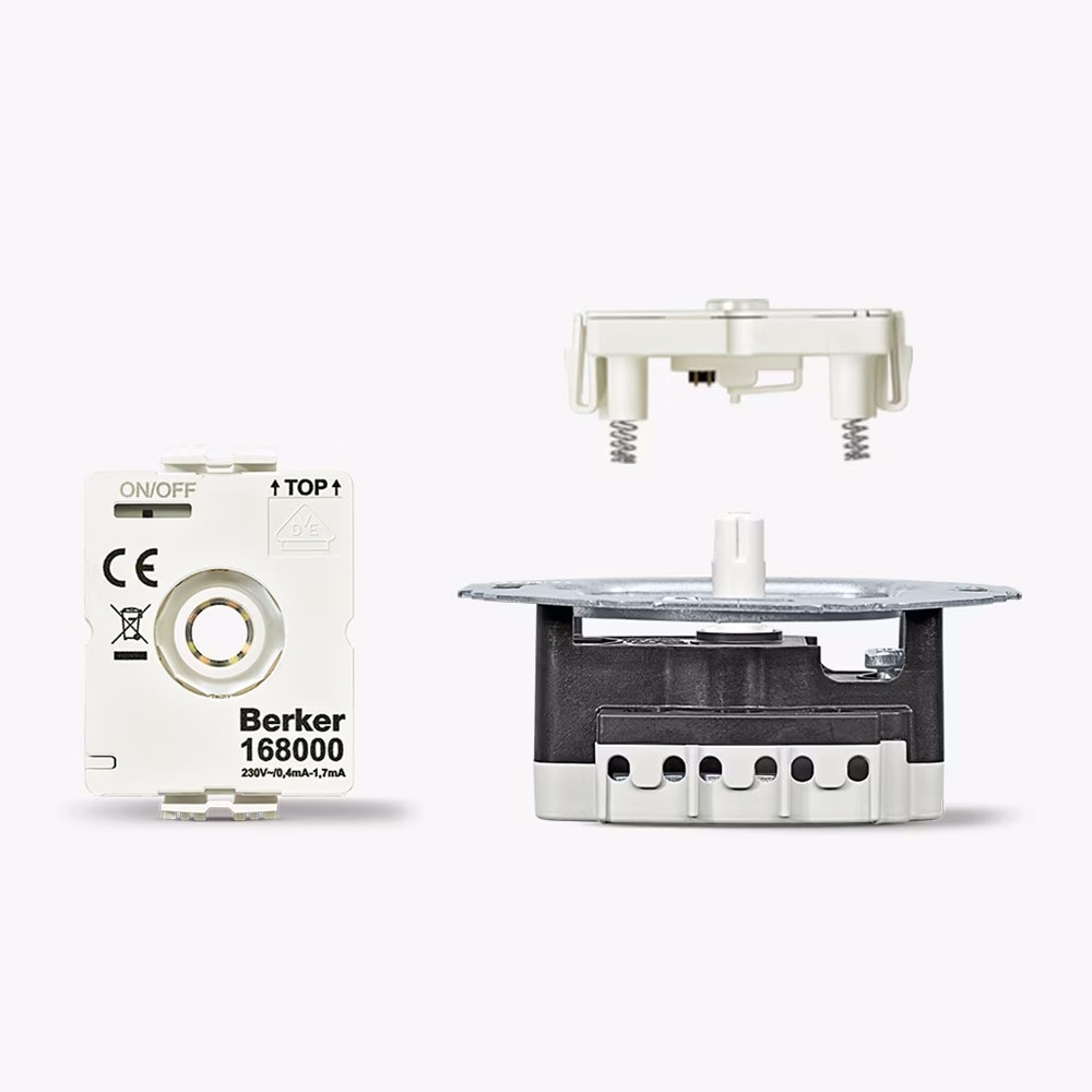 Assonometria e vista degli elementi del modulo LED degli interruttori Berker