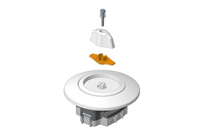 Rendering 3D degli elementi che compongono l'interruttore Berker Serie 1930 con traversino