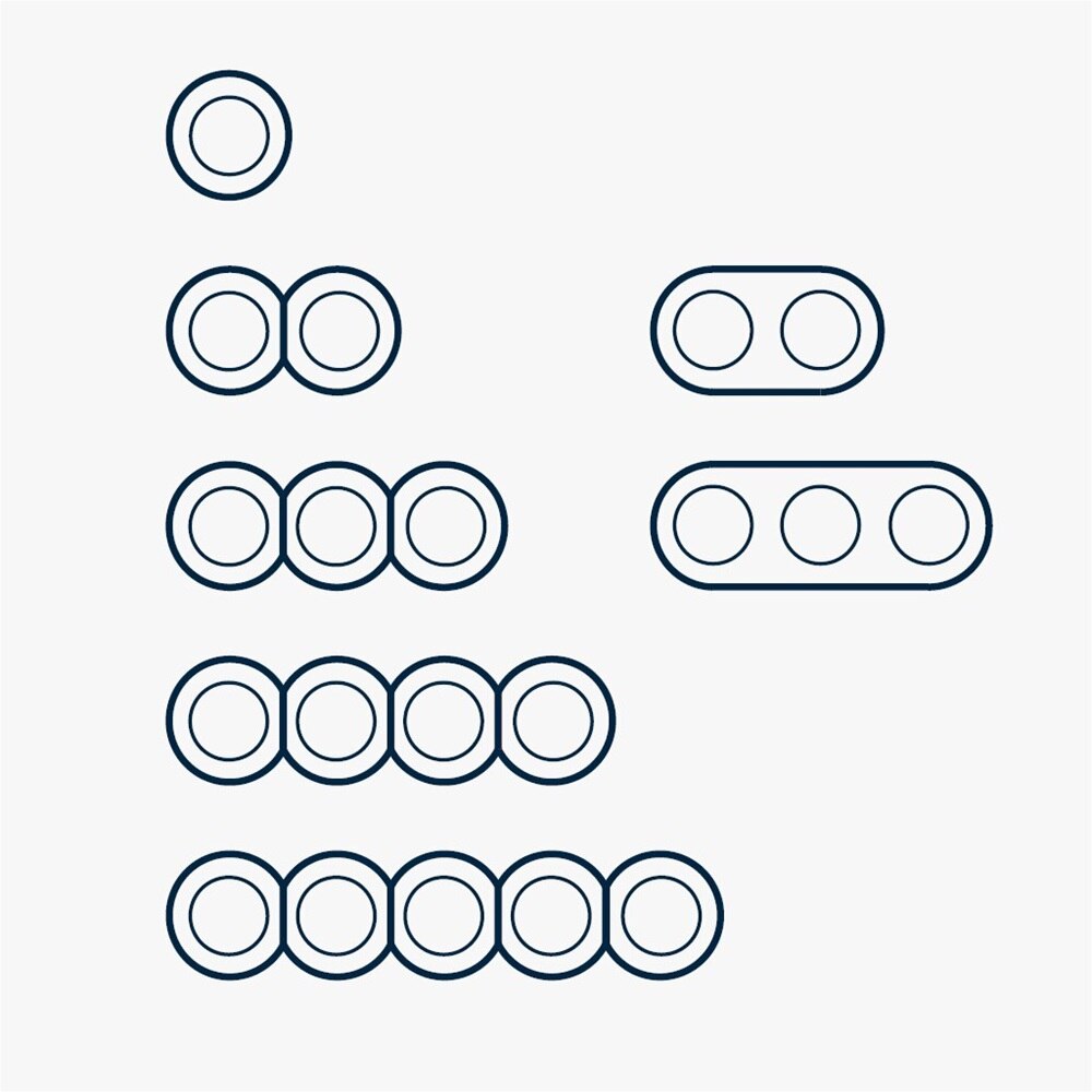 Schema delle dimensioni delle cornici della gamma di interruttori rotondi Berker da uno fino a cinque moduli con possibilità di installazione orizzontale o verticale