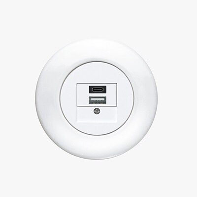 Vista frontale di una presa Berker Serie 1930 con due porte di ricarica USB, una USB-A e una USB-C, con cornice in porcellana bianca su sfondo neutro