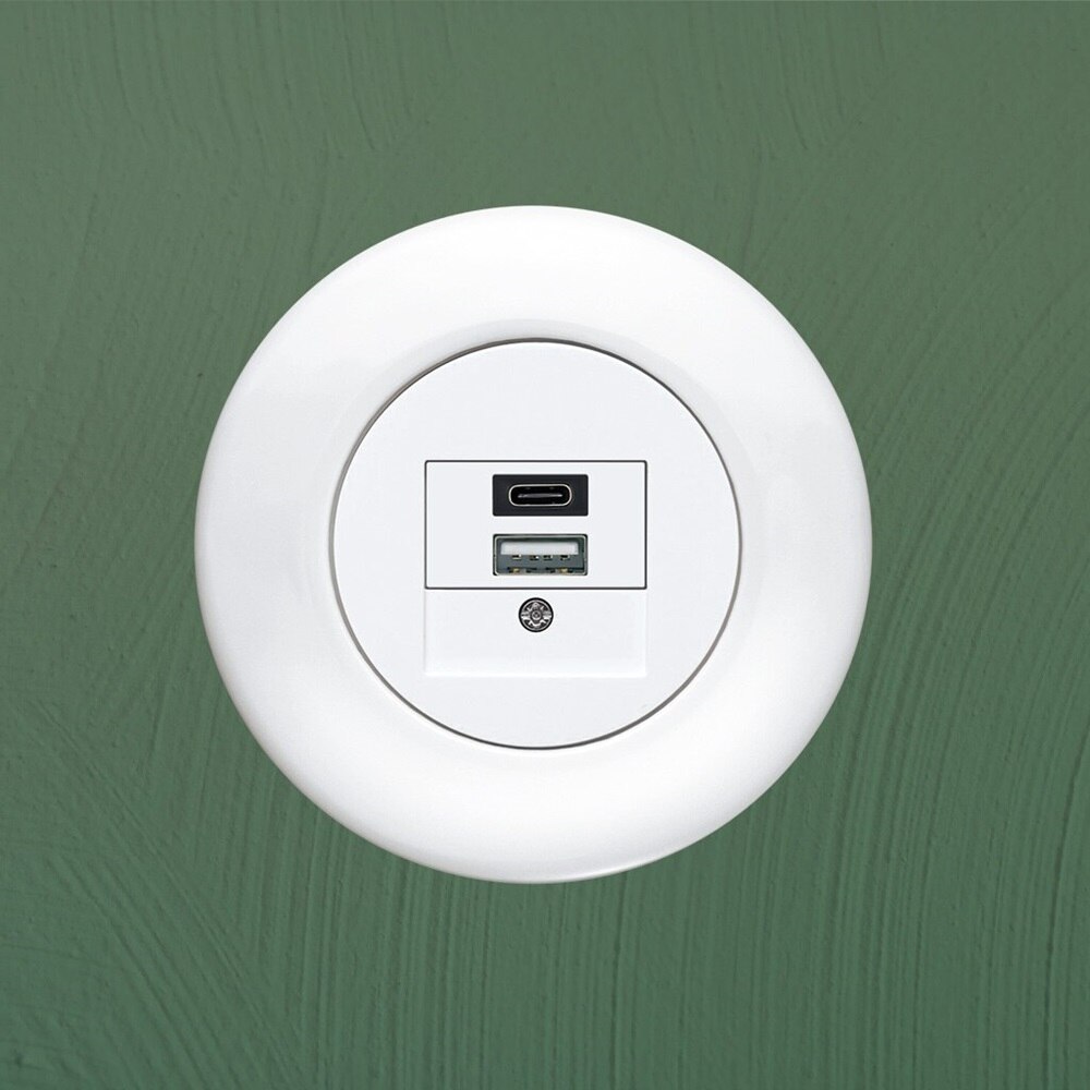 Vista frontale di una presa Berker Serie 1930 con due porte di ricarica USB, una USB-A e una USB-C, con cornice in porcellana bianca su parete di colore verde