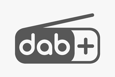 Pittogramma logo dab+ su sfondo grigio
