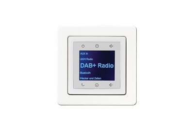 Vista frontale radio Berker da incasso con display, elementi di comando e altoparlante con cornice  di colore bianco della serie Q.1
