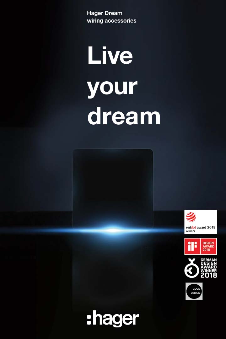 Hager advertising poster featuring a lit wiring accessory with 'Live your dream' slogan and multiple design awards.