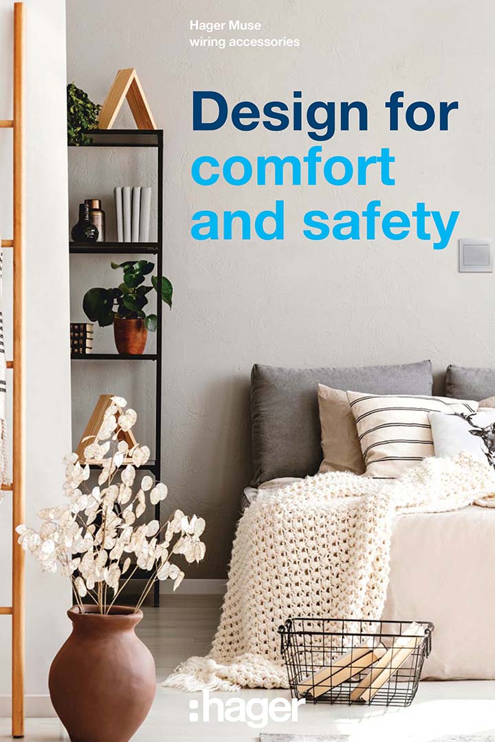 Modern living room with subtle Hager wiring accessory on the wall promoting comfort and safety