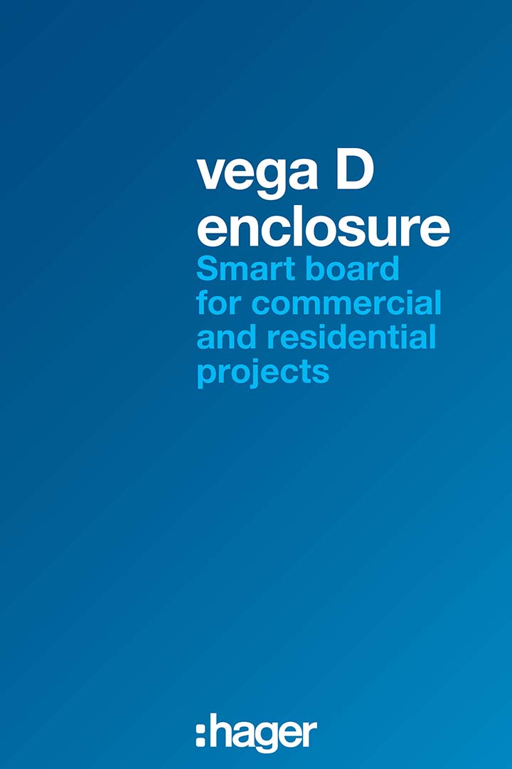 Hager Vega D enclosure ad for smart board systems in commercial and residential projects on a blue background
