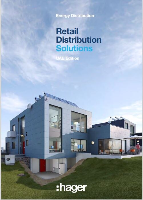 Cover of Hager's Retail Distribution Solutions brochure featuring modern buildings, UAE Edition