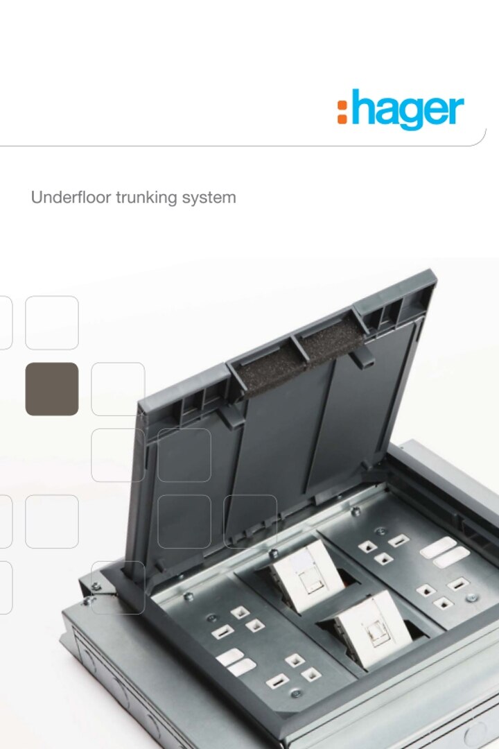 Hager brand underfloor trunking system with open lid showcasing cable management and power outlets