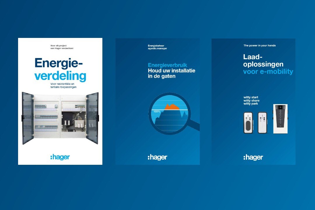Drie promotionele posters van Hager die elektrische distributie, energieverbruik monitoring en laadoplossingen voor e-mobiliteit benadrukken