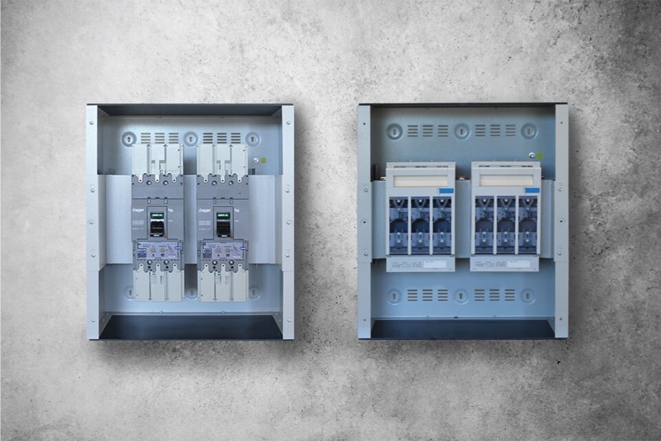 Hager electrical distribution boards for industrial automation on concrete wall