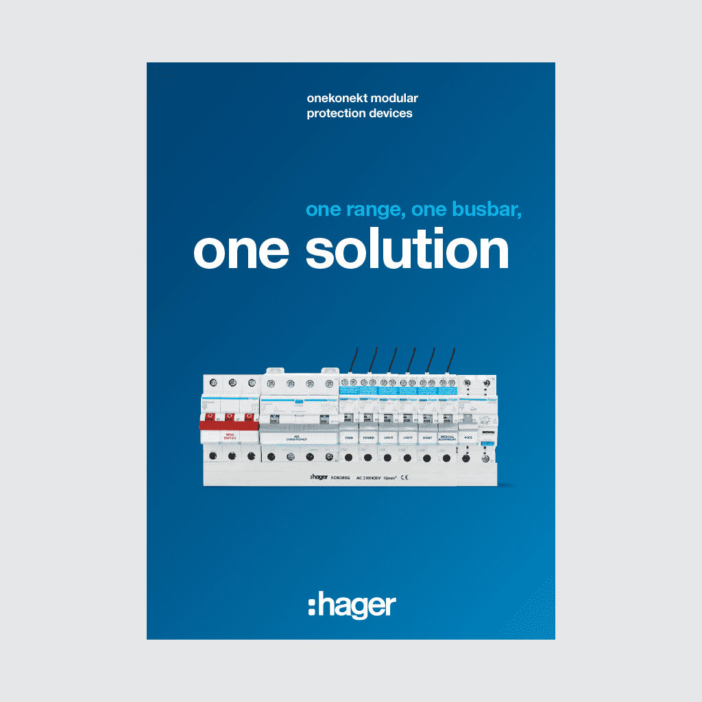 Hager onekonect modular protection devices advertisement with busbar system on blue background