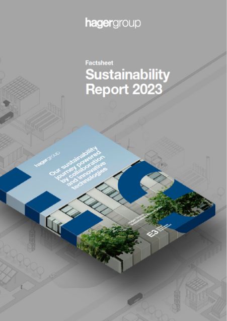 Okładka zestawienia najważniejszych faktów z raportu zrównoważonego rozwoju Okładka zestawienia najważniejszych faktów z raportu zrównoważonego rozwoju Hager 2023