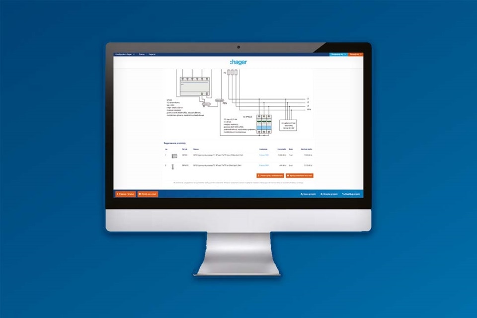 Witryna internetowa Hager wyświetlana na monitorze komputera z diagramami elektrycznymi i informacjami o produktach
