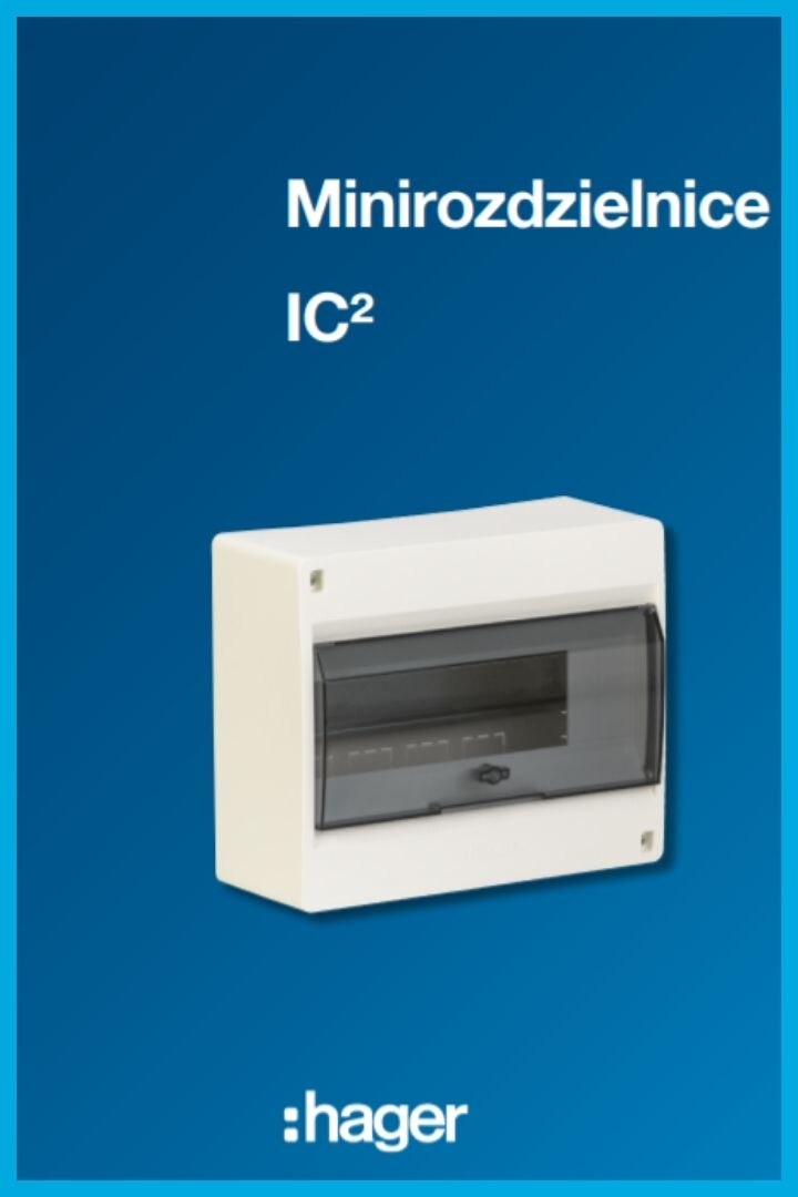 Tablica miniaturowych wyłączników nadprądowych Hager serii IC2 na niebieskim tle z logo marki