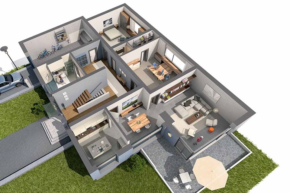 Trójwymiarowa ilustracja przekroju nowoczesnego domu mieszkalnego, ukazująca układ wnętrz i umeblowanie, odpowiednia do integracji z systemami inteligentnego domu