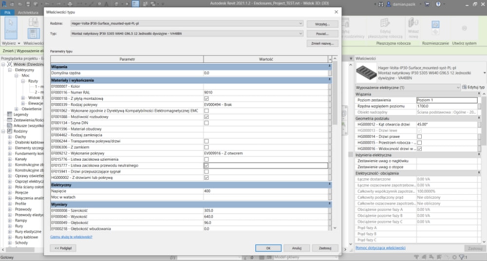 Zrzut ekranu interfejsu oprogramowania Hager do planowania systemów elektrycznych, przedstawiający różne parametry i listy komponentów.